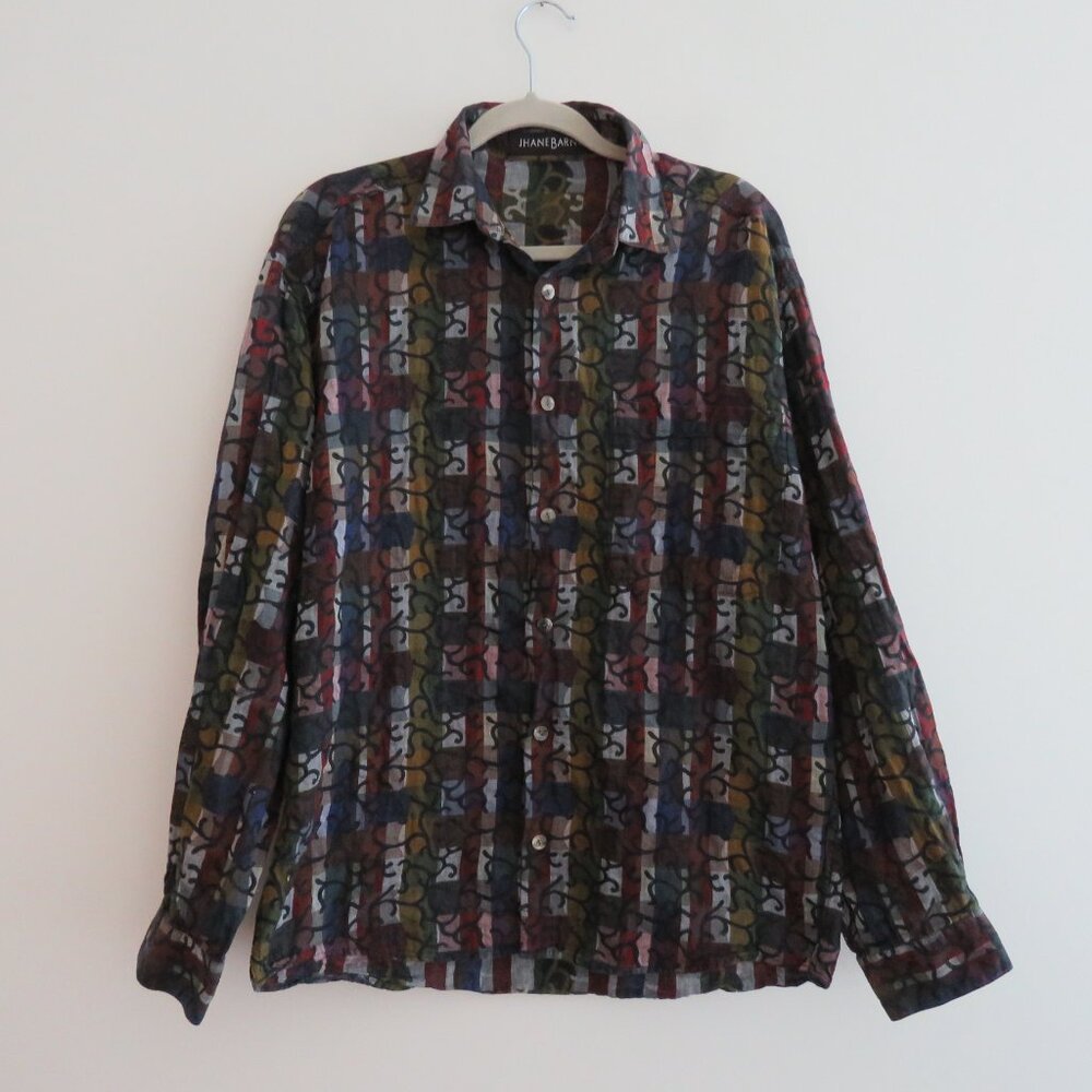VINTAGE JHANE BARNES Abstract Checked Multicolor Button Down Shirt Men's Size M - Picture 5 of 14
